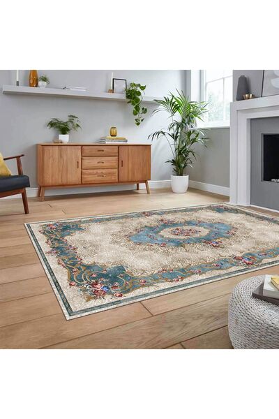 Hey Home Dijital Baskılı Kaymaz Taban Yıkanabilir Klasik Desen Yolluk Salon Halısı, V-KLASİK-29-MAVİ,