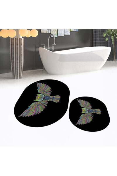 Hey Home Digital Printed Non-Slip Base Washable Oval Double Bathroom Mat Toilet Seat Set, V-O-KLOZET-37-BLACK,