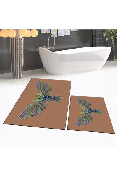 Hey Home Digital Printed Non-Slip Base Washable Double Bathroom Mat Toilet Set, V-KLOZET-37-BROWN,