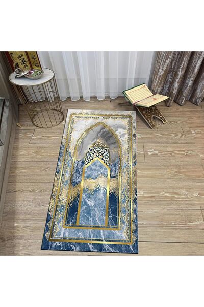 Hey Home سجادة صلاة مطبوعة رقمية قابلة للغسل، V-SECCADE-36-BLUE