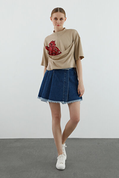 GİZİA Balıkçı Yaka Baskılı Kısa Kollu Bej Tişört