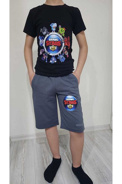 LİN GRUP Brawl Stars Children's Cotton Bottom-Top Set T-Shirt and Shorts