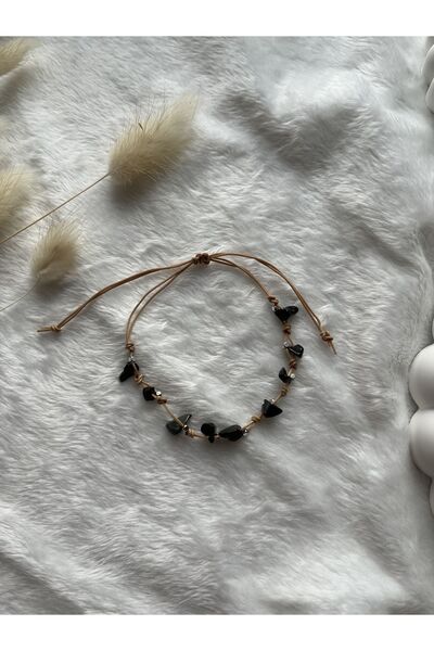 PelvedDesign Siyah Turmalin Doğal Taş Halhal/bileklik Ayarlanabilir Ip