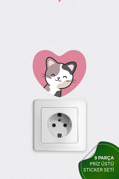 Plustablo Priz Üstü 9lu Kalpli Kediler Sticker Seti, Çocuk Bebek Odası Kedili...