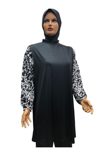 eflin Leopard Patterned Black-White Women's Hijab Swimsuit