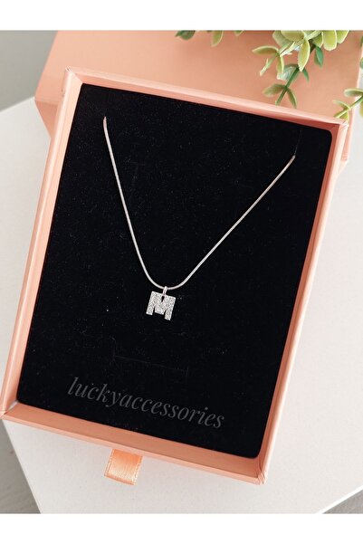 LUCKY ACCESSORIES Çelik Silver Rodyum Kaplama Zirkon Harf M Harfi