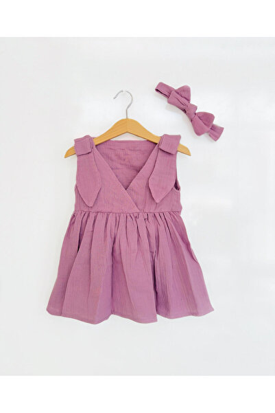 COLORED BABY فستان بناتي مزدوج الصدر وعصابة رأس مع تفاصيل الكتف