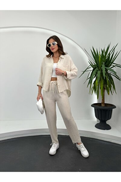 Elif Özbey Butik Ecru Casual Muslin Set - Pocketed