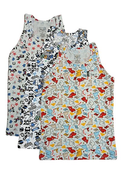 Tutku Boy's Elastan Emp.Printed Lycra Wide Strap Cotton Tank Top 3-Pack