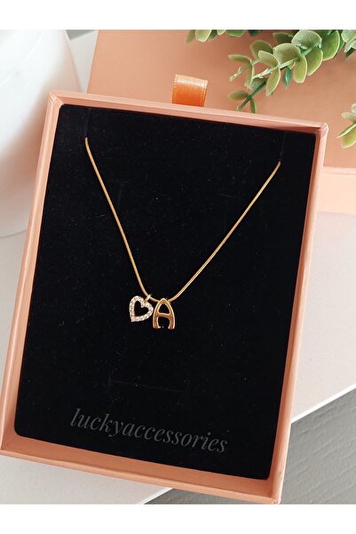 LUCKY ACCESSORIES Çelik Zirkon Taş Harf ve Kalp Kolye A Harfi