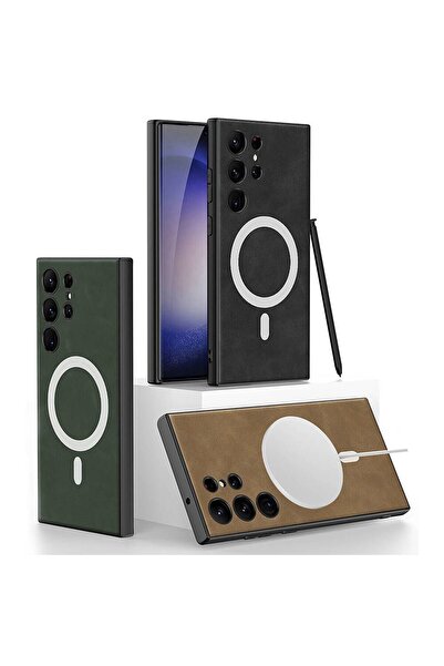 halkhouse Galaxy S24 Ultra Kılıf Magsafe Şarj Özellikli Deri Tasarımlı Kıpta Nubuk Kapak