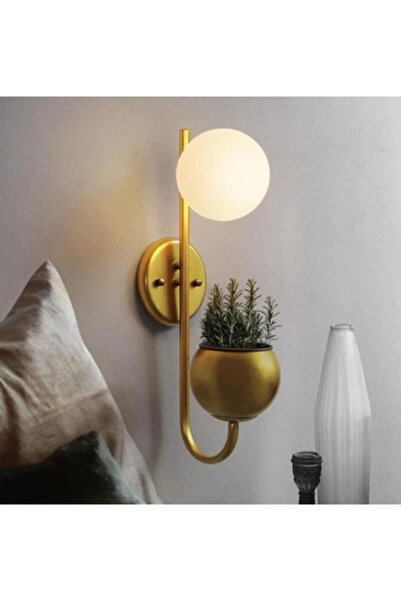 ekiLamp Camlı Çiçekli Saksı Aplik  Duvar Aydınlatması Mat Gold