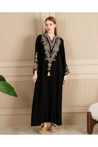 BeyzaBayram Plus Size Embroidered Black Mink Long Dress - Oversize Loose Viscose