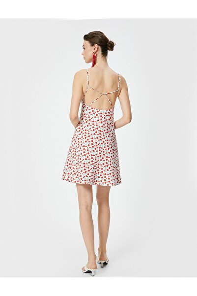 Koton Koton Mini Dress - Cherry Print, Thin Straps, Sweetheart Collar and Bow Detail
