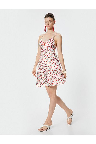 Koton Koton Mini Dress - Cherry Print, Thin Straps, Sweetheart Collar and Bow Detail