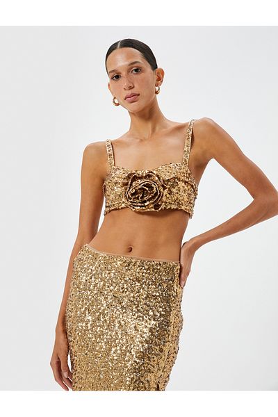 Koton Sibil Çetinkaya X Koton - Rose Detailed Sequined Crop Evening Dress Blouse