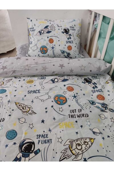 Bebek Özel لحاف قطني للأطفال مقاس 70×130 سم بتصميم رائد فضاء ونجوم رمادية (مع...