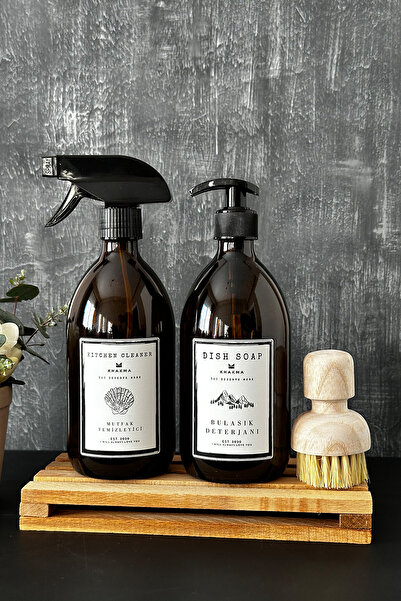 KHAKMA Μπουκάλια καθαριστικού πιάτων και επιφανειών Amber 2 τεμαχίων με ξύλινη βάση και πινέλο σαπουνιού Paletdskcset