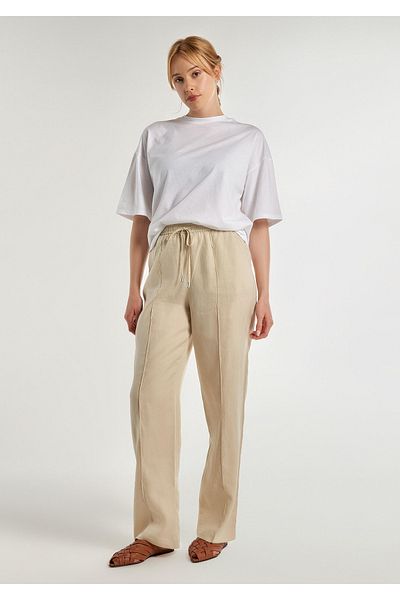 United Colors of Benetton Beige Women's Linen Trousers - 100% Linen, Waist String, Comfortable Fit