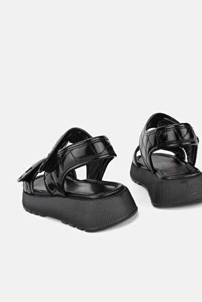 TUNAELLİ Black Patent Leather - Genuine Natural Leather Short Heeled Flat Sandals