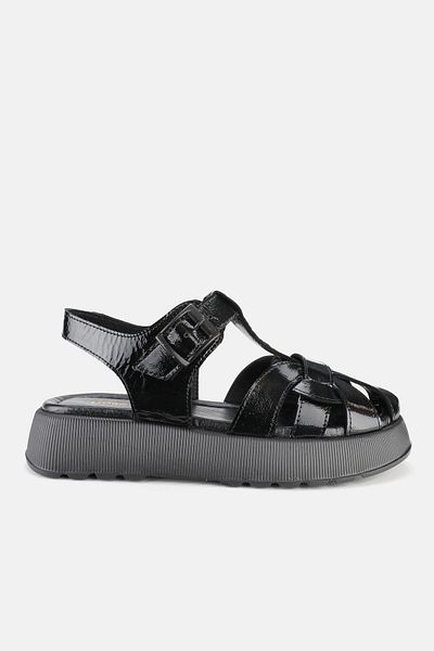 TUNAELLİ Piele Lacuita Neagra - Sandale Plate Cu Toc Scurt din Piele Naturala