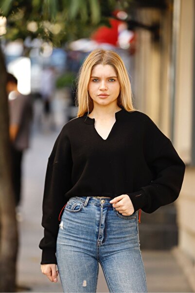 YHGTEKSTİL Hanorac crop cu decolteu în V din lână și moale