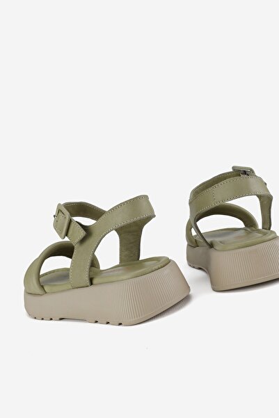 TUNAELLİ Green Genuine Natural Leather - Short Heeled Flat Sandals