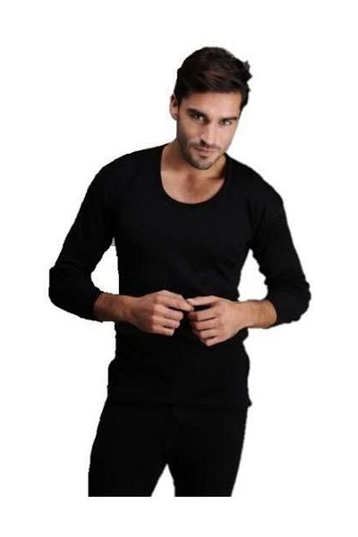 Hasyün Μαύρο ανδρικό μακρυμάνικο σετ Johns Εσώρουχα από φυσικό μαλλί