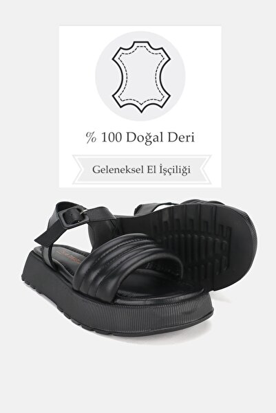TUNAELLİ Black Genuine Natural Leather - Short Heeled Flat Sandals
