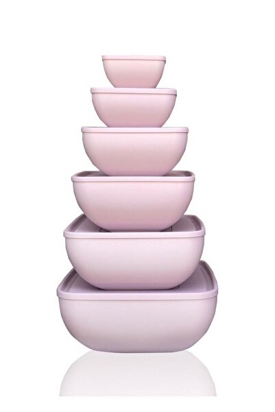 Üçsan Plastik طقم وعاء مربع بغطاء مكون من 6 قطع باللون الوردي الفاتح