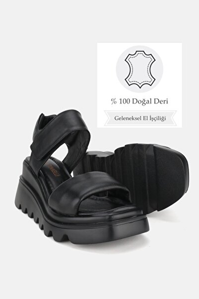 TUNAELLİ Black Genuine Natural Leather - Wedge Heeled Women's Sandals