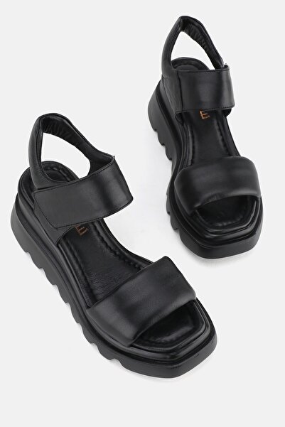TUNAELLİ Black Genuine Natural Leather - Wedge Heeled Women's Sandals