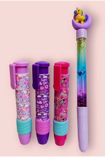 izmir yazici servis Basmalı Otomatik Silgi Kız Model 3 Lü Set Unicorn Simli Sulu Tükenmez Kalem Hediyeli Set