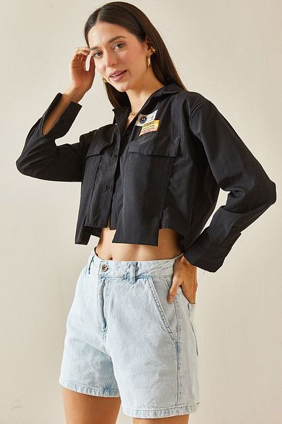 XHAN Double Pocket Black Shirt - Label Detailed 5YXK2-48576-02