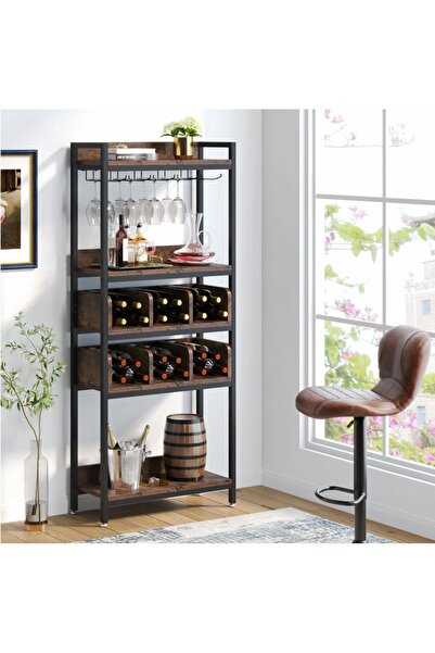 Zizuva Tasarım Mutfak ve Bar Düzenleyici Vitrin Ahşap Raflı Metal Detaylı Şar...