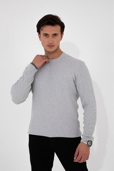 HLT JEANS Ανδρική Γκρι Κανονική Εφαρμογή Κανονική Κοπής Μπλούζα με Στρογγυλή Λαιμόκοψη Βασικό Πλεκτό Φούτερ HLTHE012131