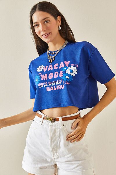 XHAN T-shirt Crew Neck Blue Crop - 5YXK1-48564-12