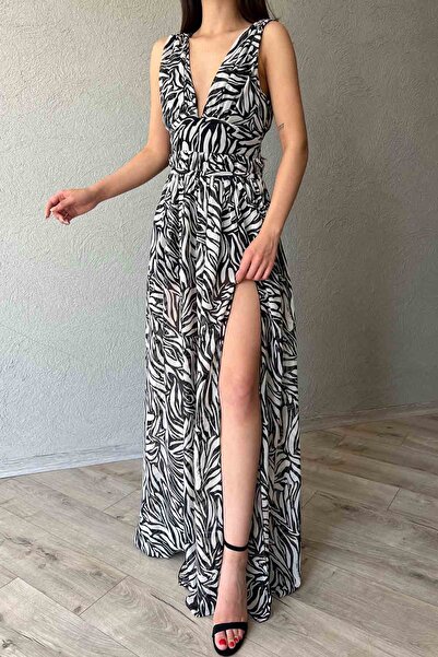 Seda Yalçın Atelier Patterned Black Slit Nice Dress