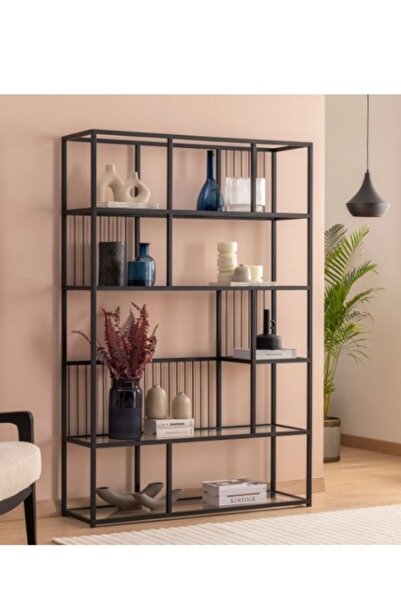 tino furniture Lufi Siyah Metal Raflı Kitaplık Dekoratif Mobilya Metal