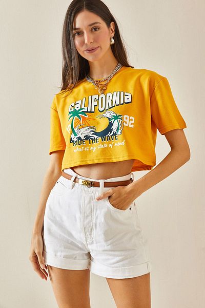 XHAN Crew Neck Mustard Printed Crop T-Shirt - 5YXK1-48565-37
