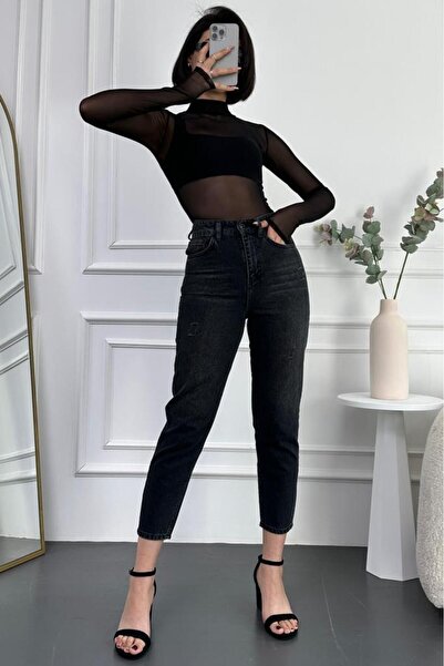 HLT JEANS Black Frayed Women's Boyfriend Jean High Waist Lycra-Free 100% Cotton Denim Trousers MABEL-SYHYPT