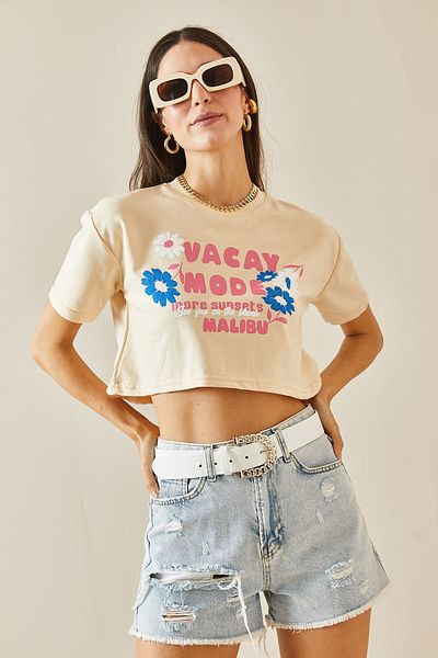 XHAN Μπλουζάκι μπεζ Crew Neck Crop 5YXK1-48564-25
