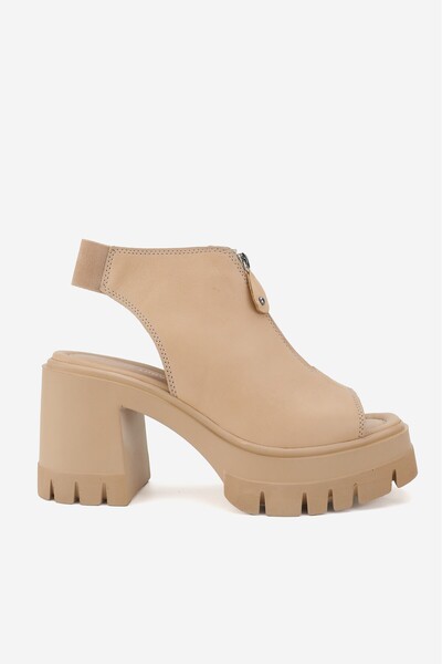 TUNAELLİ صندل نسائي بيج - جلد طبيعي طبيعي، كعب عالي سميك، بسحاب