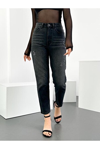 HLT JEANS Μαύρο ξεφτισμένο γυναικείο παντελόνι τζιν τζιν τζιν, χωρίς λύκρα, 100% βαμβάκι, Anna Model