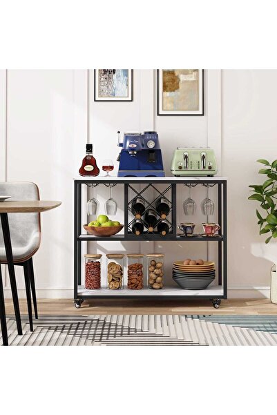 Zizuva Tasarım Bar Dolabı Açık Raflı Metal Ayaklı Modern Şaraplık İçecek Dolabı