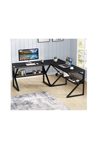 Zizuva Tasarım Tel Raflı Siyah L Çalışma Masası