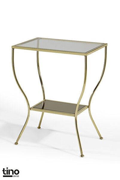 tino furniture Floransa Gold Kaplama Yan Sehpa Cam Ve Ayna Raflı Metal Komodin