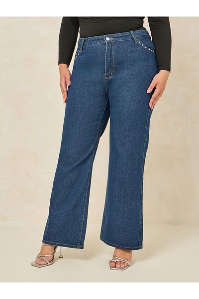Styli Plus Studded Pocket Detail Straight Fit Jeans