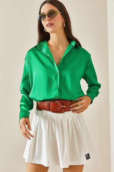 XHAN Casual Green Satin Shirt - 5YXK2-48583-08