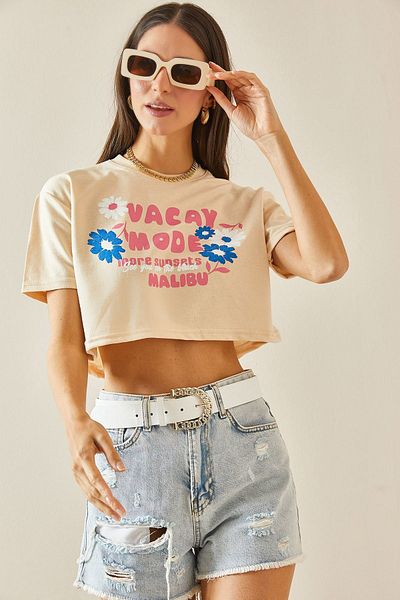 XHAN Μπλουζάκι μπεζ Crew Neck Crop 5YXK1-48564-25